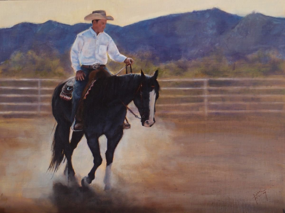 Dust Trails, 12 X 16 oil of black horse and cowboy, unframed by Sarah Kennedy