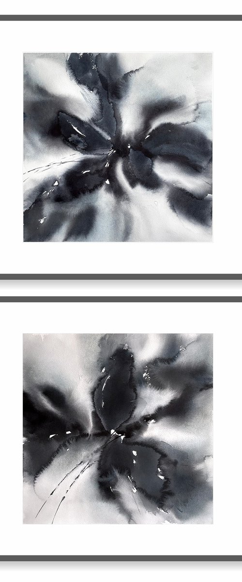 Black abstract flowers diptych by Olga Grigo