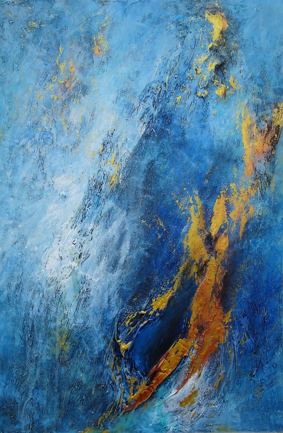 Large Blue and Gold Contemporary Abstract Landscape, Ocean Painting # 810-31. Textured Art