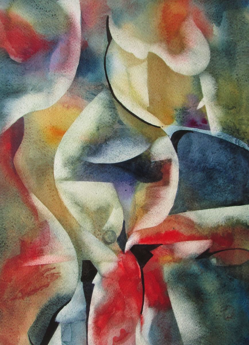 Abstract Watercolour By Alfred Ng, 13 X 17, Composition With Red #2, Original Artwork