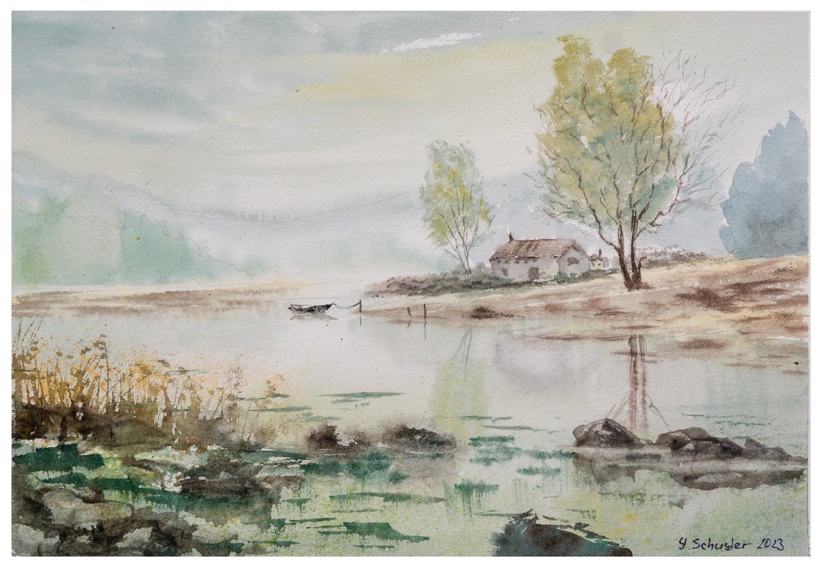 Impressionistic Landscape Watercolour By Yulia Schuster, 12 X 8", Riverside Serenity, Original Artwork