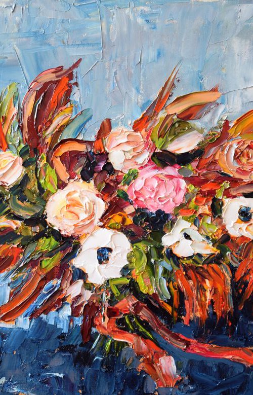 Palette knife impasto oil painting on canvas Autumn flowers by Kate Grishakova