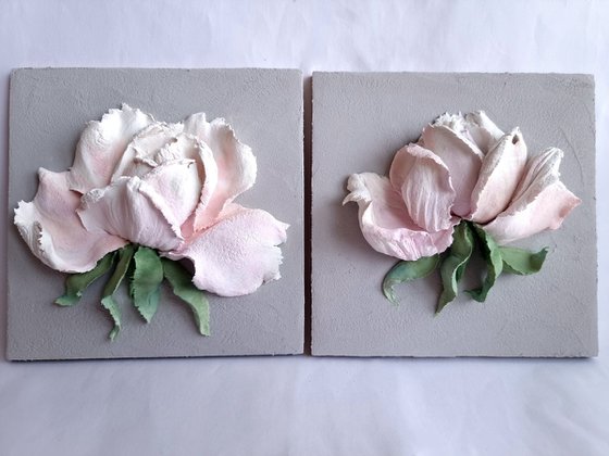Small relief flower painting with white-pink rose on a grey backgroud. The Rose #2. 13.5x13.5x4cm