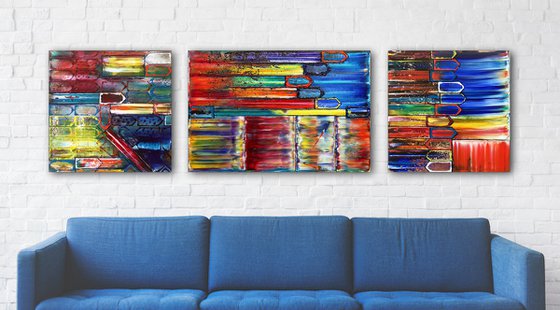 "The Road Less Traveled" - Save As A Series - Unique PMS Geometric Oil Painting Triptych On Canvas - 84" x 24"