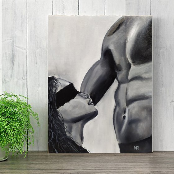 Submissive, original nude erotic man woman oil painting, gift idea