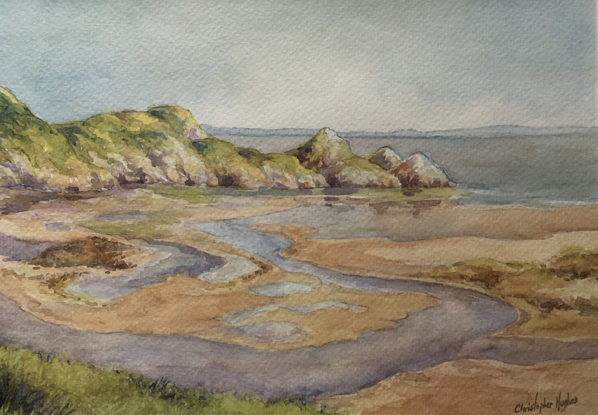 Landscape Watercolour By Christopher Hughes, 10 X 7, Three Cliffs Bay. Pennard Pill And Oxwich., Original Artwork