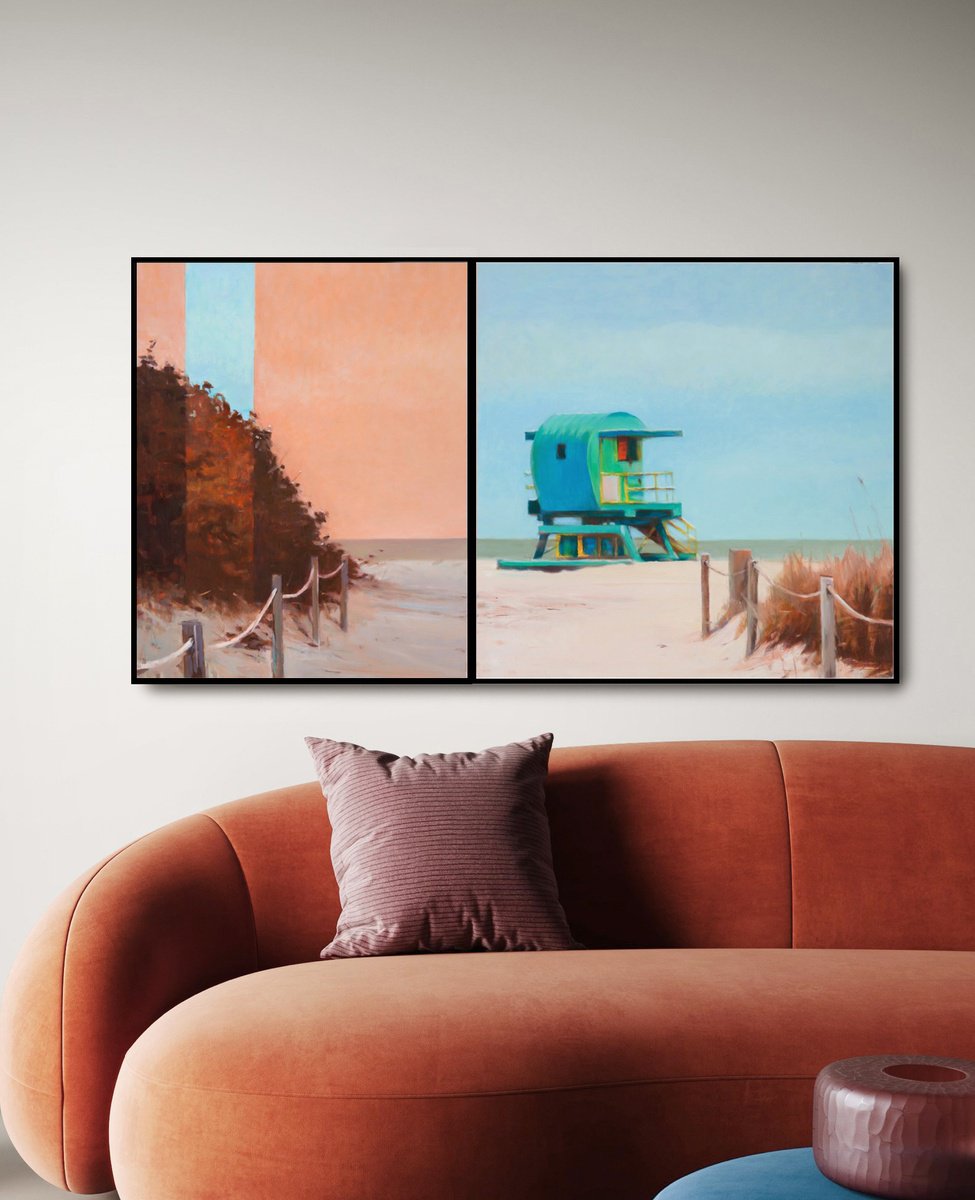 Impressionistic Landscape Oil Painting By Bo Kravchenko, 56 X 31, Autumn On The Beach, Original Artwork