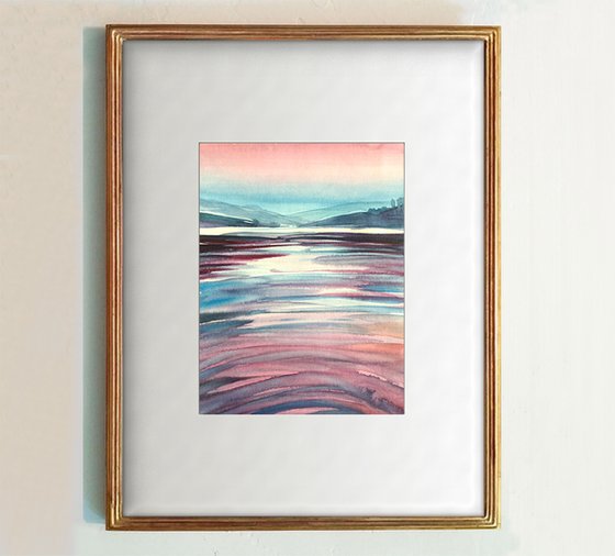 PURPLE SUNSET ON WATER, Original Impressionist Vertical Landscape Watercolor Painting