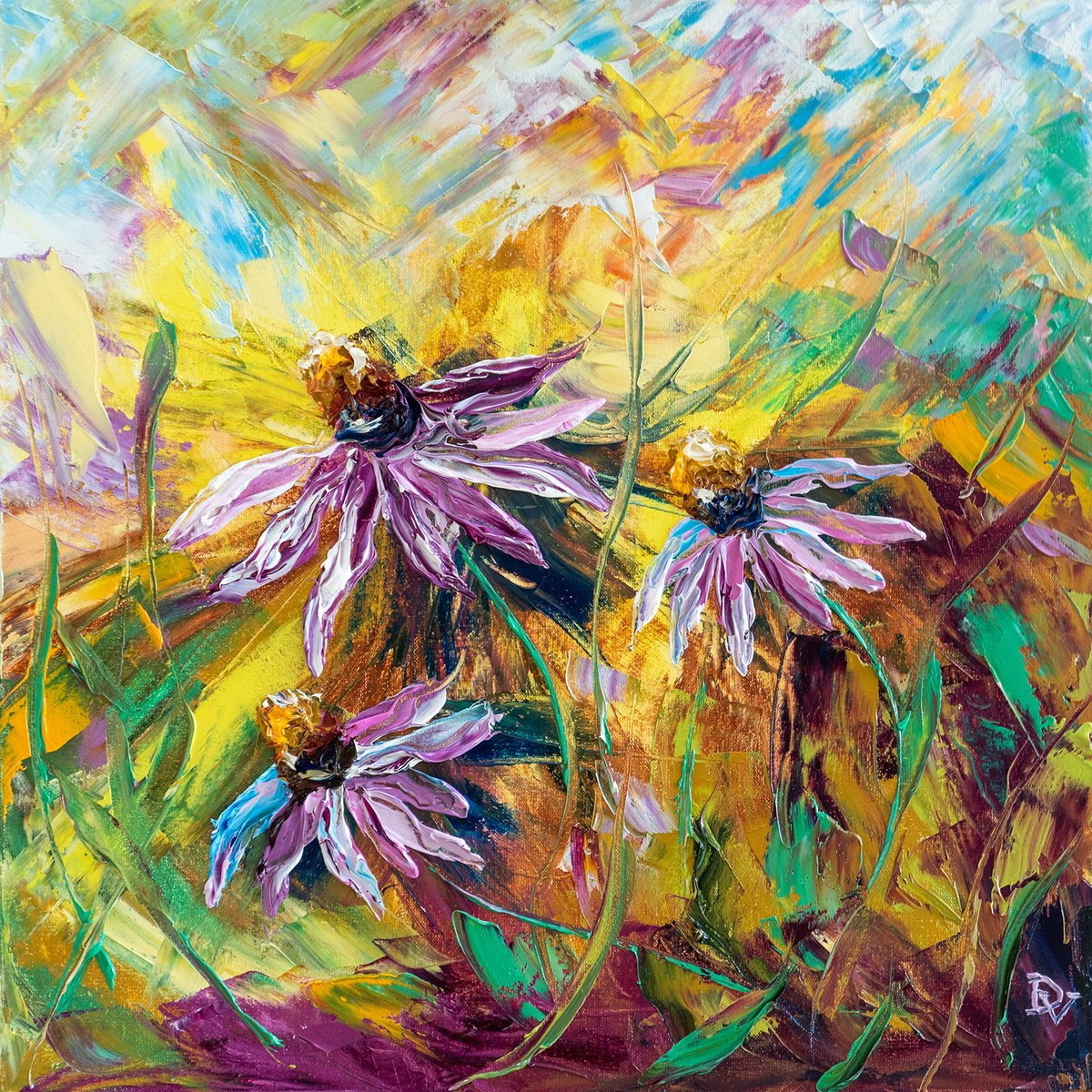Impressionistic Botanical Oil Painting By Vladyslav Durniev, 16 X 16", Coneflower Dance, Original Artwork