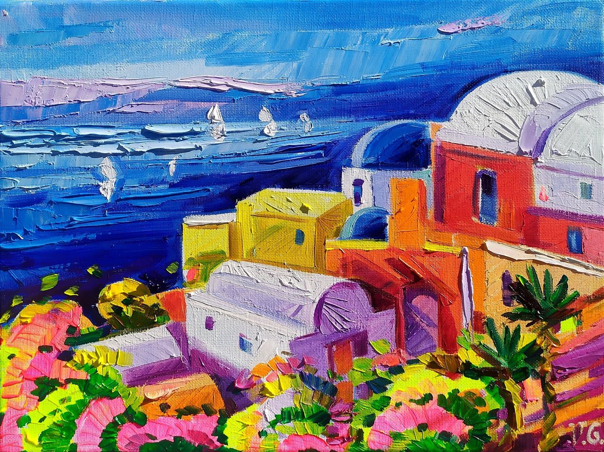 Expressive Landscape Oil Painting By Vanya Georgieva, 16 X 12", Sunny Day In Santorini, Original Artwork