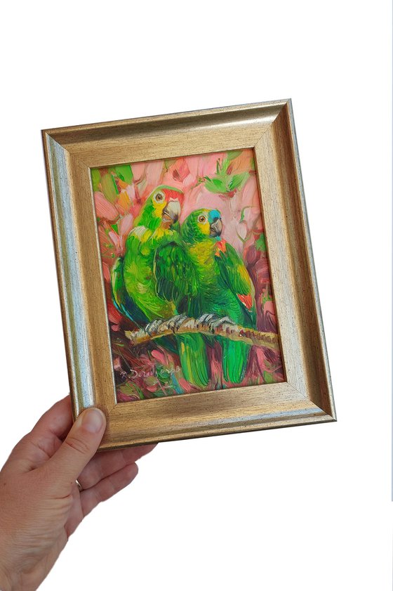 Parrot painting original oil art in frame 7x5, Green bird on branch oil painting, Art gift Always together