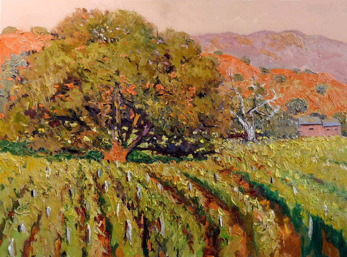 Expressive Landscape Oil Painting By Suren Nersisyan, 40 X 30", Old Oak In The Vineyard, Original Artwork