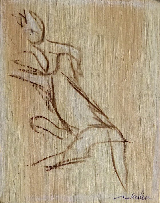 Cat and Bird, small drawing on wood 9x7 cm