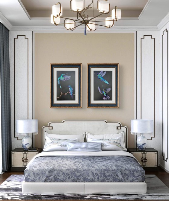 Colibri Flowers Diptych Pastel