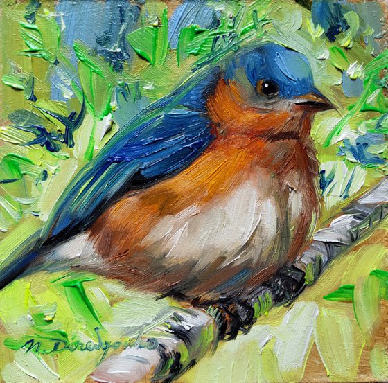 Blue bird painting original in oil 4x4, Eastern Bluebird art illustration small art framed, Bird lovers gift