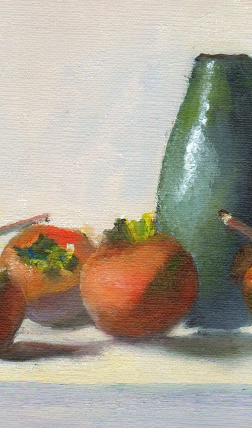Persimmons and Blue Pottery Vase by Elizabeth B. Tucker