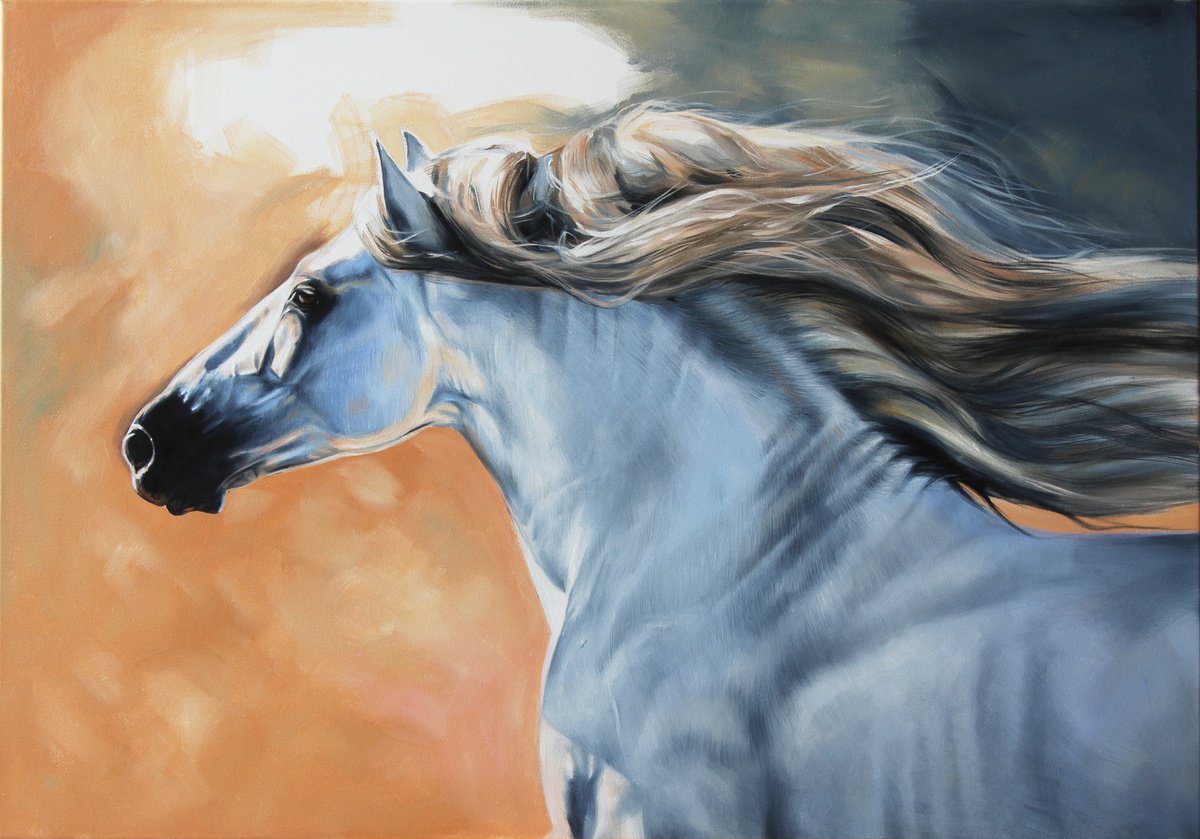 Photorealistic Animal Oil Painting By Marie Madej, 39 X 28", Ice Fire - Spanish Beauty, Original Artwork