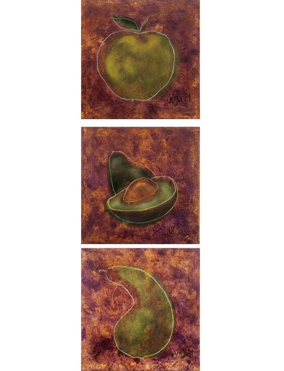 Triptych original oil paintings - Fruits small canvas  - Apple, avocado, pear (2021)