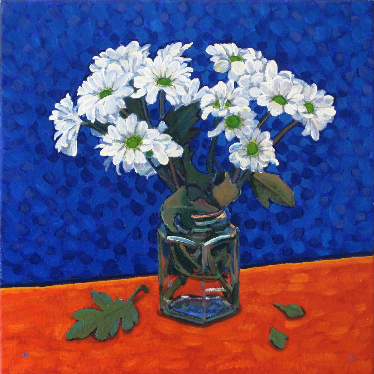Botanical Oil Painting By Richard Gibson, 16 X 16", Chrysanthemums In A Jar, Original Artwork