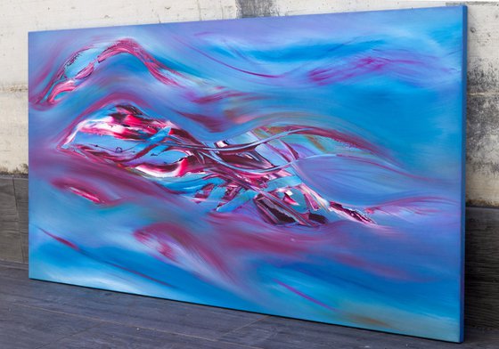 Blue poetry, abstract gestural painting, 120x60 cm