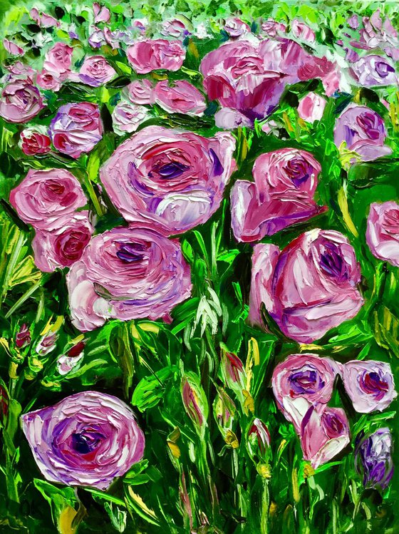 PINK PURPLE ROSES  palette knife modern still life  flowers office home decor gift