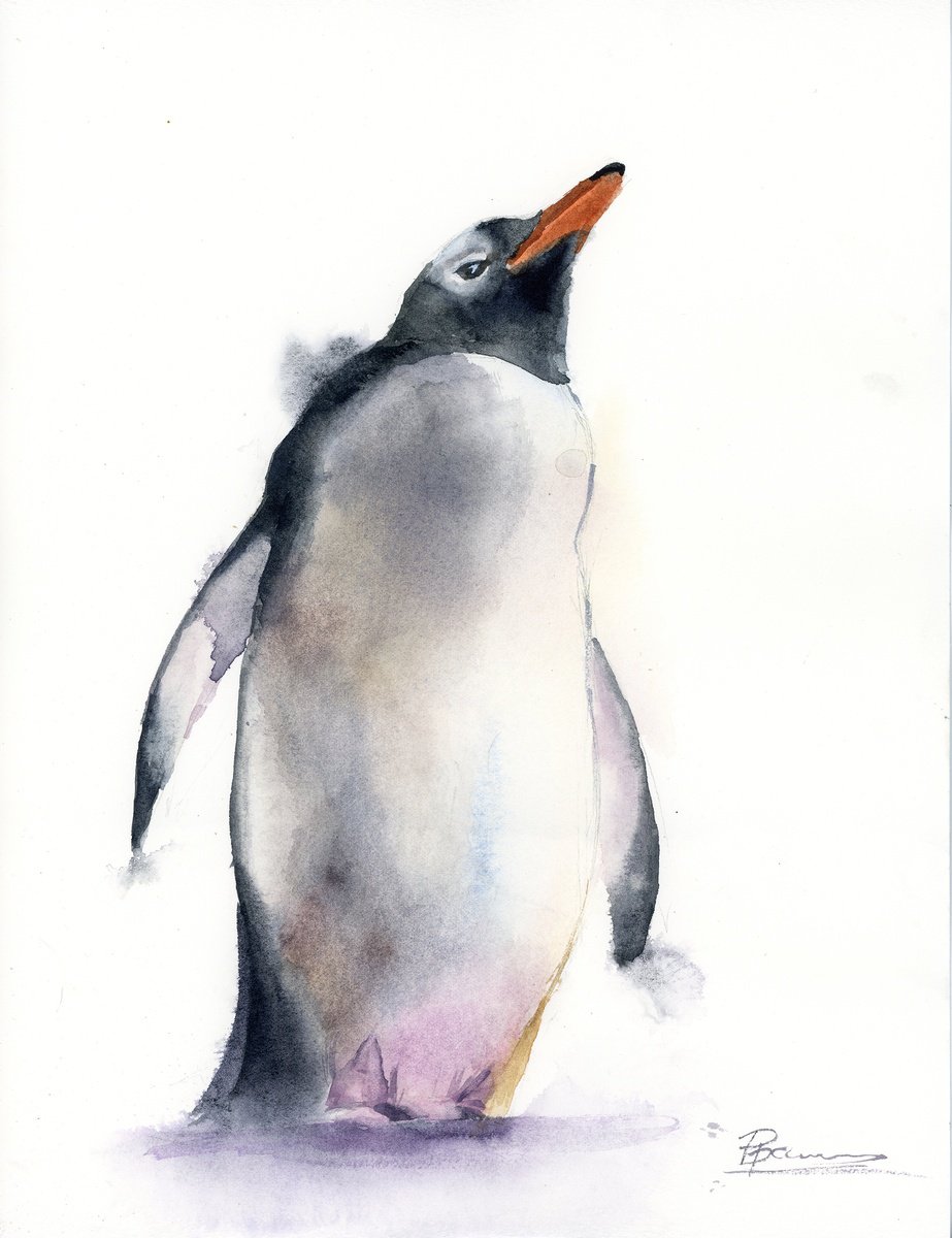 Expressive Animal Watercolour By Olga Tchefranov (Shefranov), 9 X 12", Penguin, Original Artwork