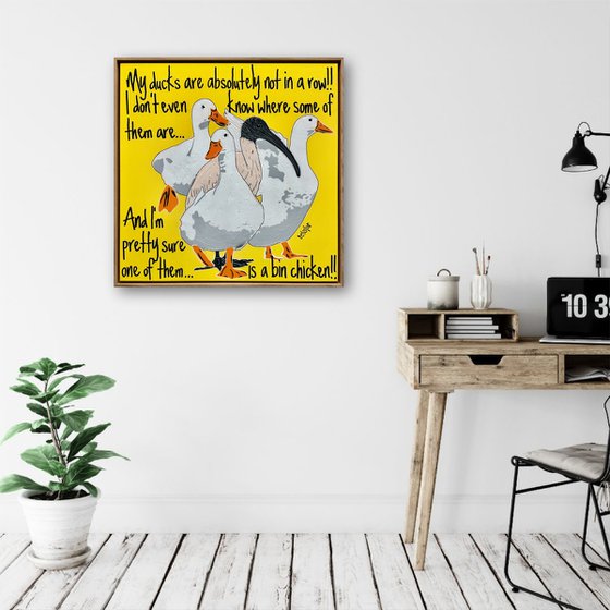 Ducks in a Row Yellow Bin Chicken Framed