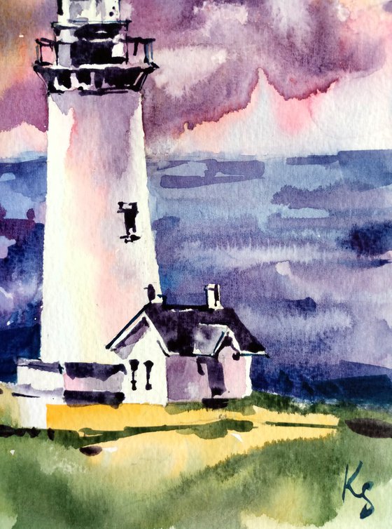 Architectural seascape "Sunset. Lighthouse" original watercolor artwork in square format