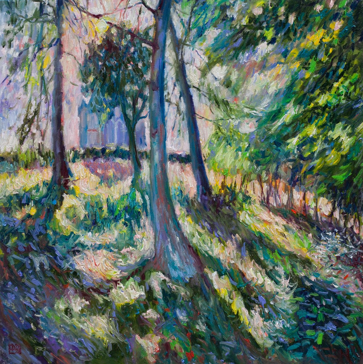 Expressive Landscape Oil Painting By Liudmila Pisliakova, 16 X 16", Leng Chapel On The Hill, Original Artwork