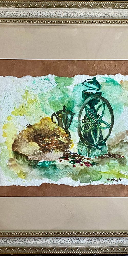 Vintage Coffee Grinder Original Watercolor Matted and Gorgeously Framed by Mary Gullette