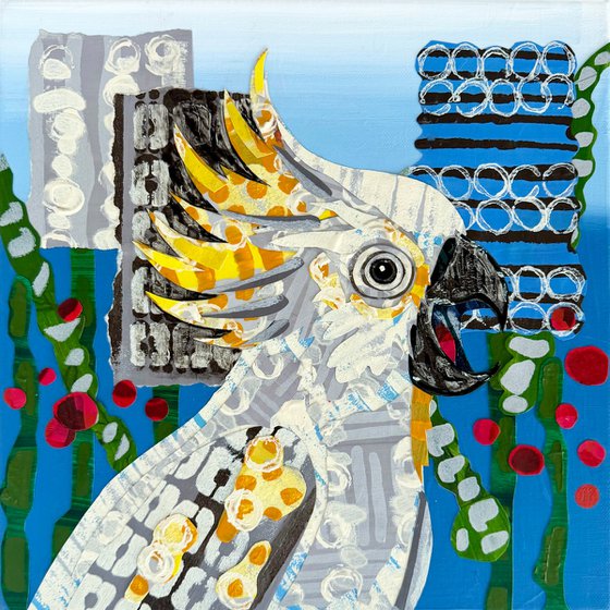Cockatoo and Banksias Bird Collage Painting