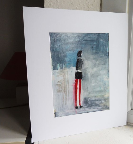 FASHION TEEN GIRL, Red Leggings, Black Mini Skirt, Waiting. Original Acrylic Figurative Painting. Varnished. With Mount (mat).