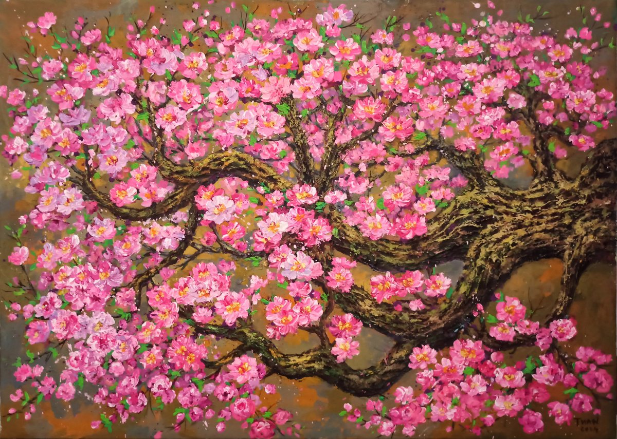 Impressionistic Botanical Acrylic Painting By Anh Tuan Le Le, 47 X 33, Peach Blossom, Original Artwork