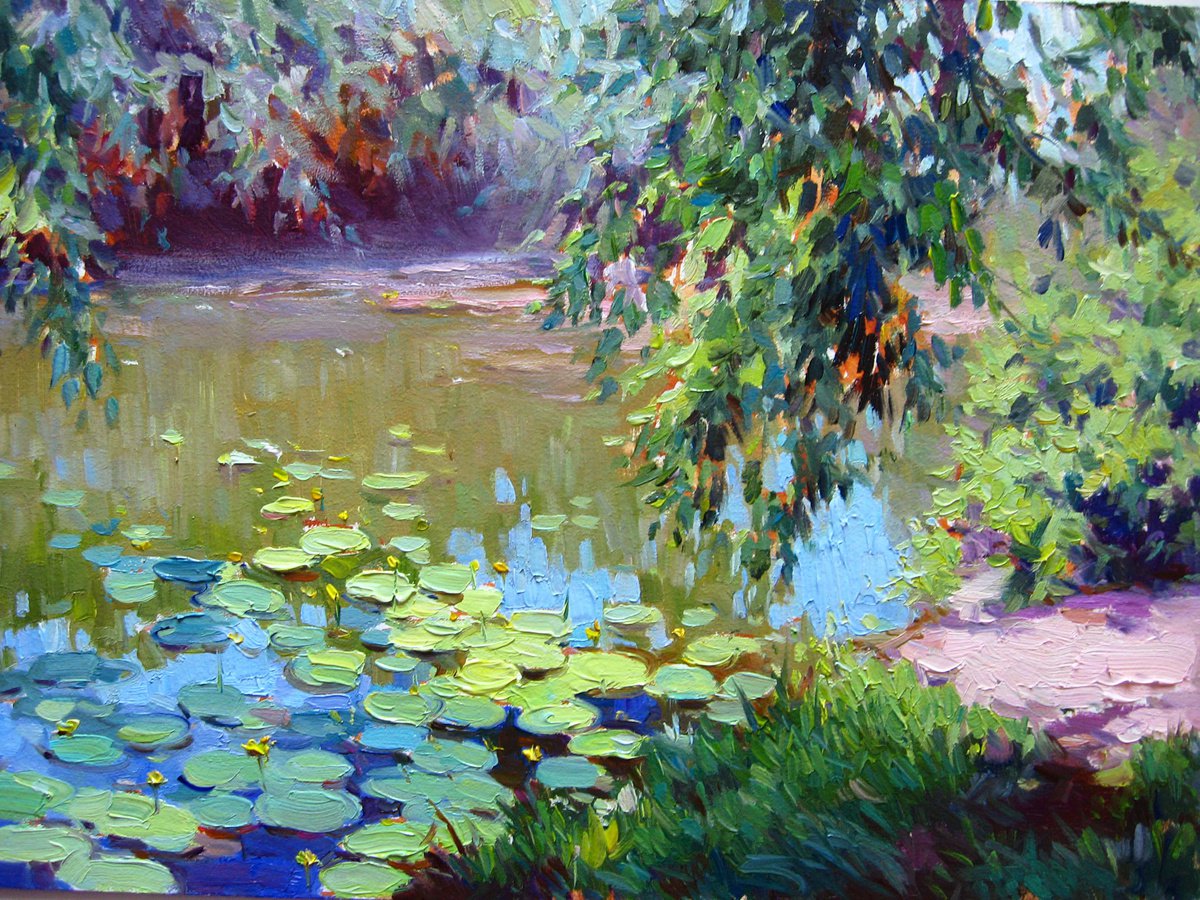 Impressionistic Landscape Oil Painting By Vladimir Lutsevich, 14 X 10", Water Lily Lake, Original Artwork