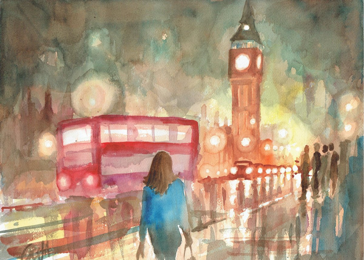 Impressionistic Cityscapes Watercolour By Nicolas Goia, 16 X 12", Trafalgar Square By Night, Original Artwork