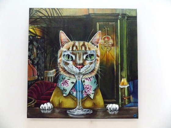 Cat in a swanky lounge painting called 'Drink Or Not To Drink'