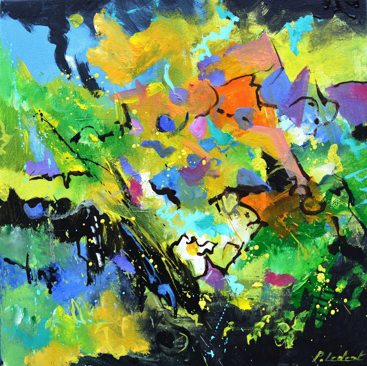 Abstract Oil Painting By Pol Henry Ledent, 16 X 16", Happy Hour, Original Artwork