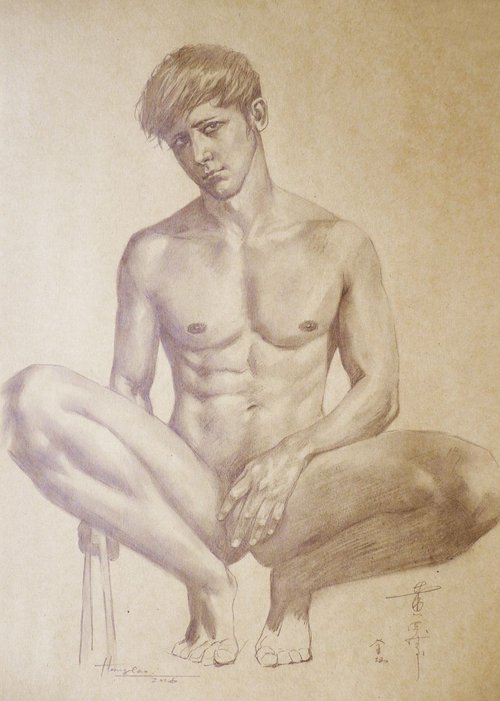 DRAWING PENCIL MALE NUDE BOY ON BROWN PAPER#16-6-13-01 by Hongtao Huang