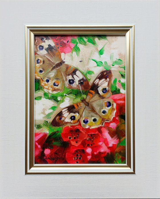 Eyes pansy butterfly on pink neon flowers painting original art 7x5,