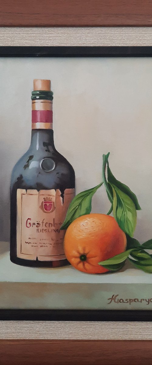 Still life with bottle and orange (24x30cm, oil painting, ready to hang, framed) by Ara Gasparian