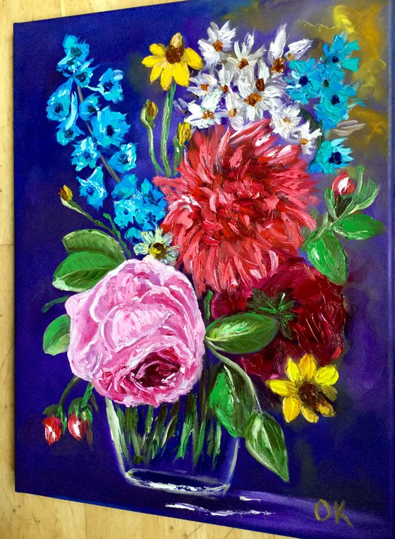 BOUQUET OF SUMMER FLOWERS    palette knife modern Still life Dutch style office home decor gift