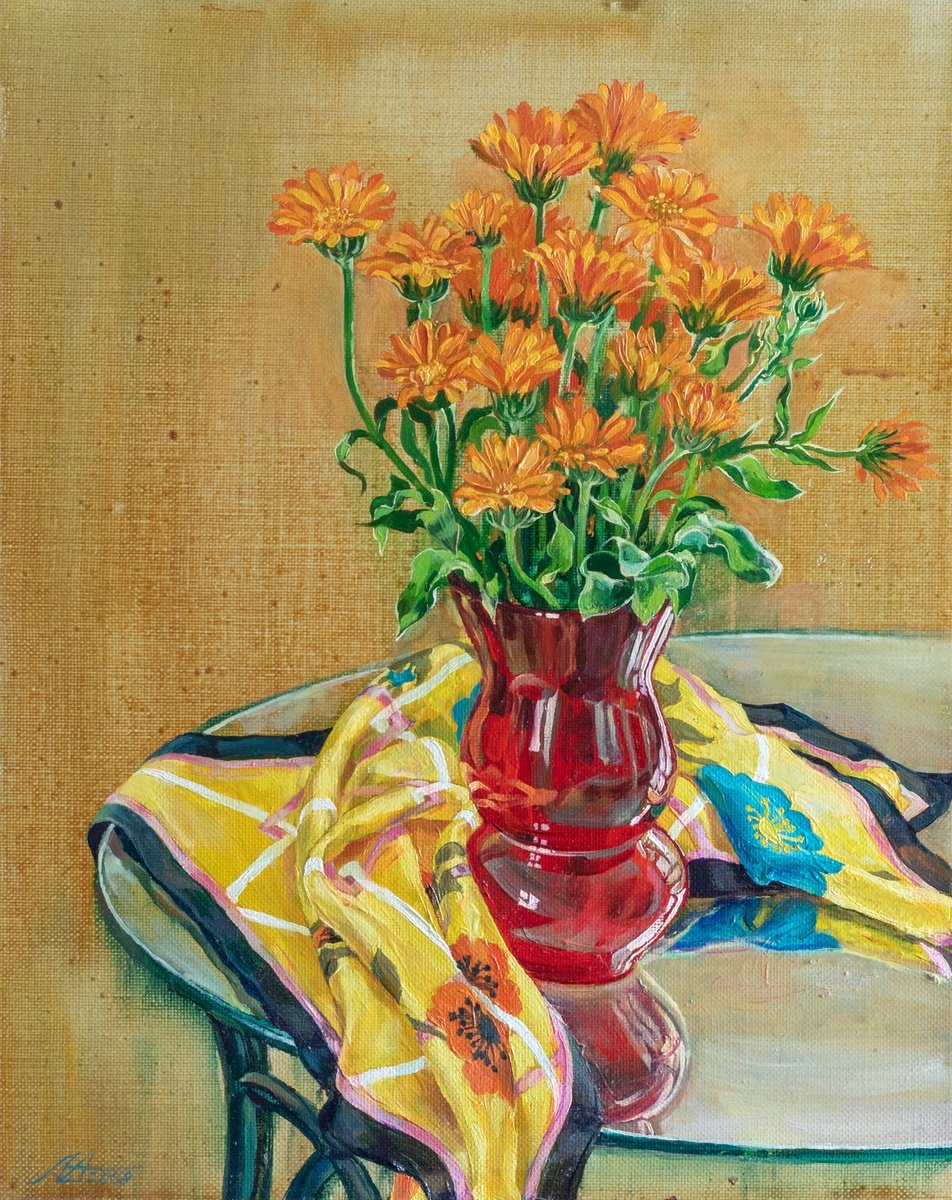 Photorealistic Still Life Oil Painting By Alona Lesnichenko, 19 X 23, Orange Marigolds, Original Artwork