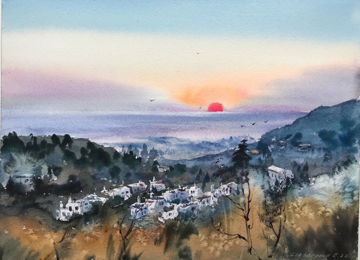 Impressionistic Cityscapes Watercolour By Eugenia Gorbacheva, 12 X 9, Greek Village Sunrise #2, Original Artwork