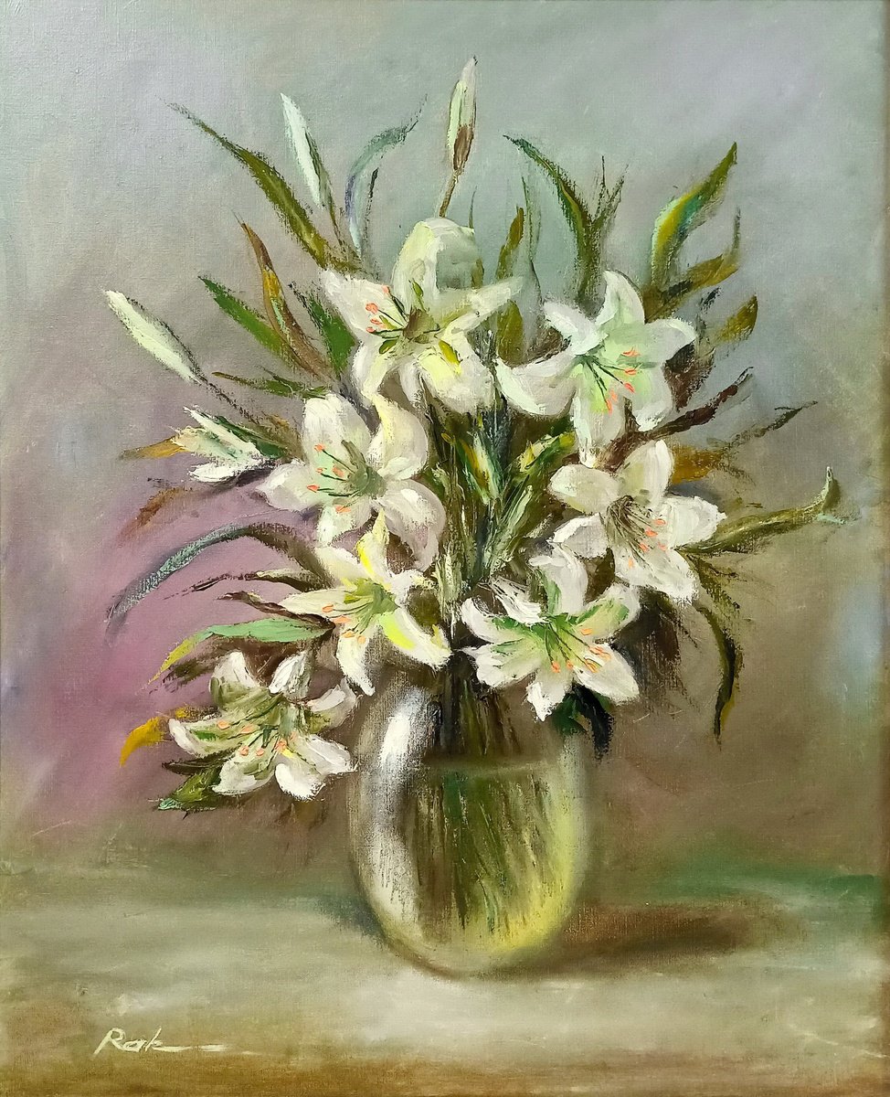 Impressionistic Botanical Oil Painting By Oleh Rak, 20 X 24", White Lilies, Original Artwork