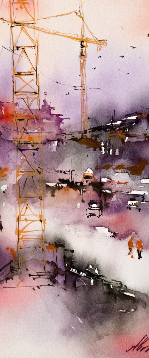 Construction site. Original watercolor painting by Marina Abramova