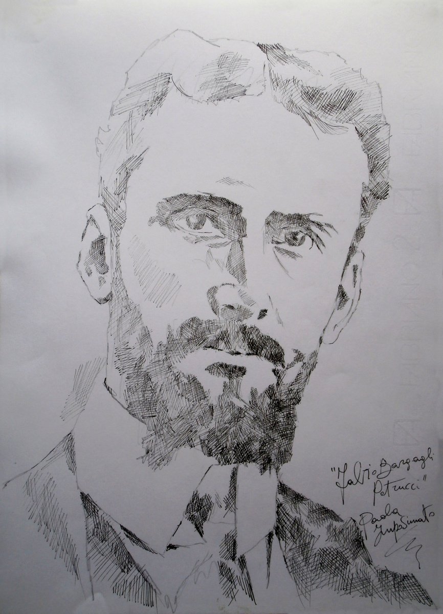 Expressive Portrait Ink Drawing By Paola Imposimato, 9 X 13", Tribute To Bargagli Petrucci, Original Artwork
