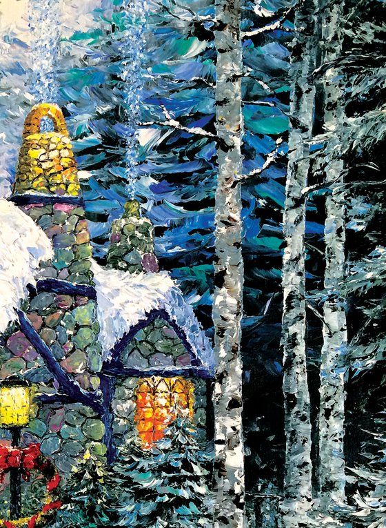 WINTER FAIRY TALE - House woods. Magic. Chimney. Spruce. Track. Light from window. Christmas. New Year.