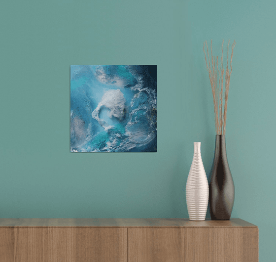 Abstract Painting Textile Art on Canvas Mixed Media Coral Reefs Ocean Tulle Art Blue Atoll