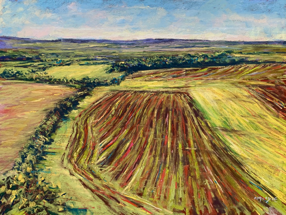 Impressionistic Landscape Pastel Drawing By Andrew Moodie, 24 X 18, Ploughed Patterns, Wiltshire, Original Artwork