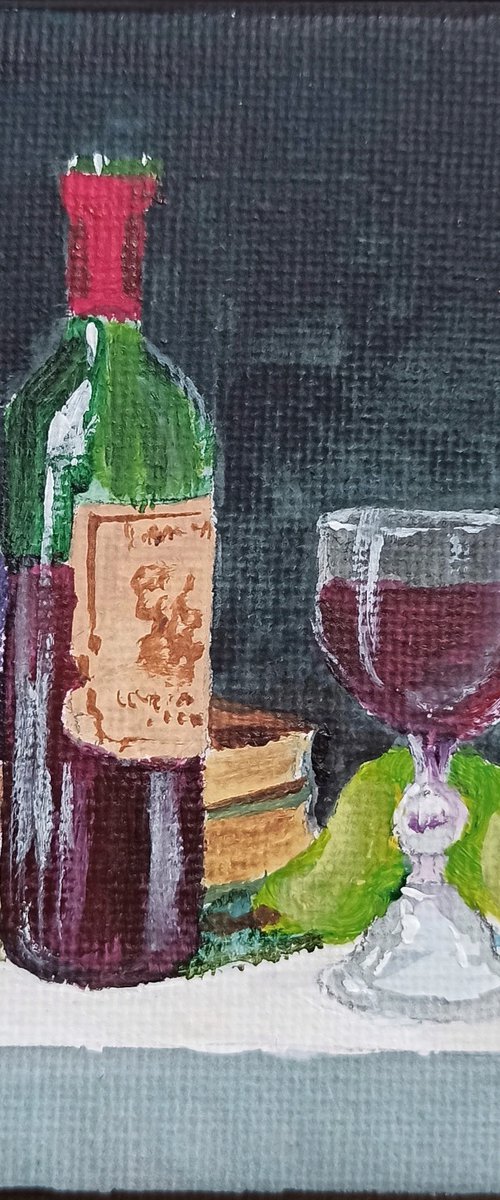 Still life with a bottle of wine and glass. Miniature painting by Dmitry Fedorov